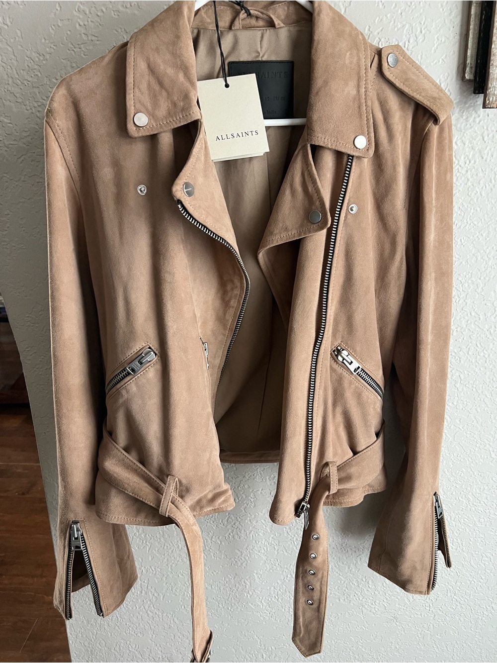 All Saints Suede Moto Jacket in Light Tan